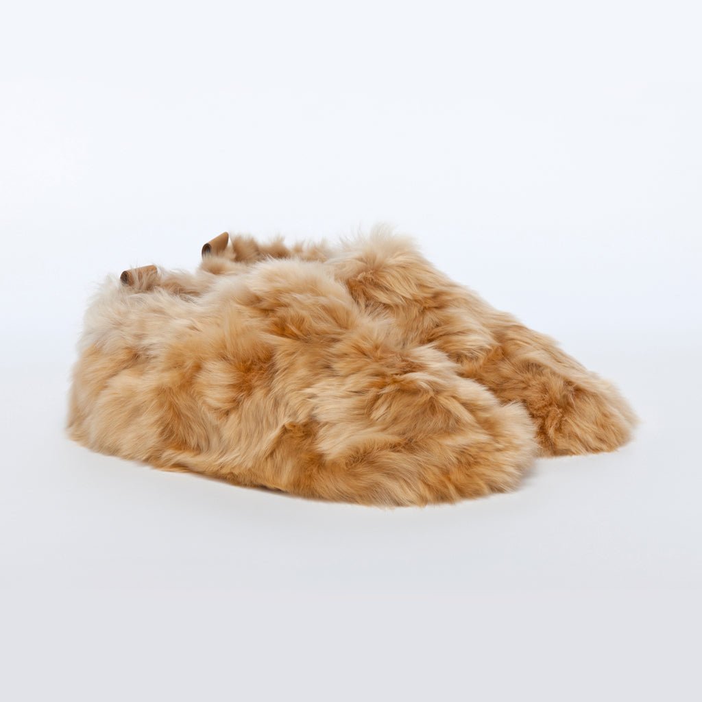 Honey Swirl. Ethical Alpaca fur luxury slippers. Leather soles. Sheepskin interior. Made in Peru. Animal cruelty free.