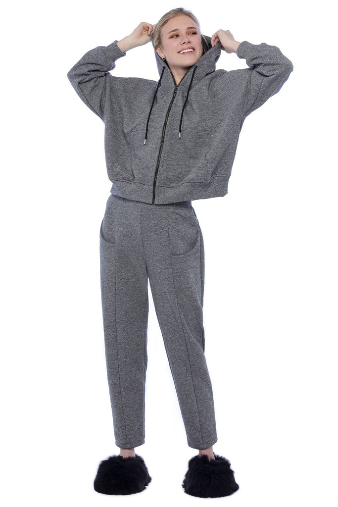 Sweatpants color charcoal gray. Peruvian pima cotton. High waist. Large elastic belt. Deep front pockets. loungewear apparel.