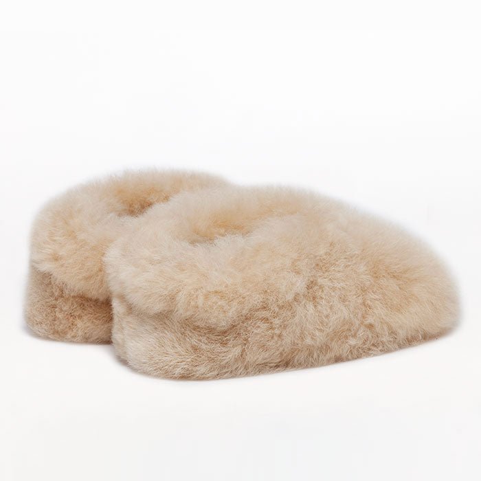 Kids Bootie alpaca fur slippers color Almond Satin. For toddlers.