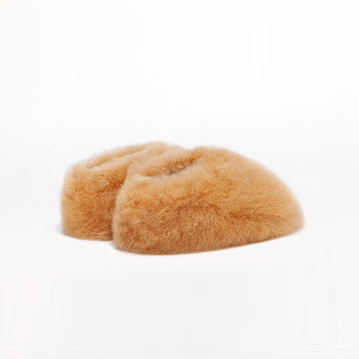 Kids Bootie alpaca fur slippers color Ginger Honey brown. Leather outsole. For toddlers.