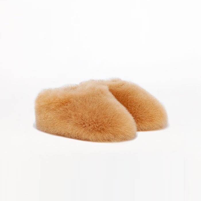 Kids Bootie alpaca fur slippers color Ginger Honey brown. Leather outsole. For toddlers.