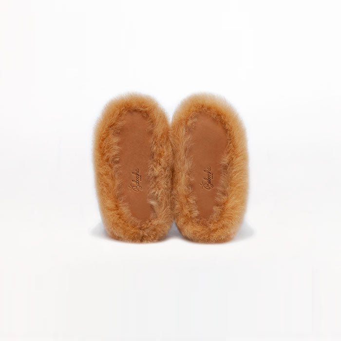 Kids Bootie alpaca fur slippers color Ginger Honey brown. Leather outsole. For toddlers.