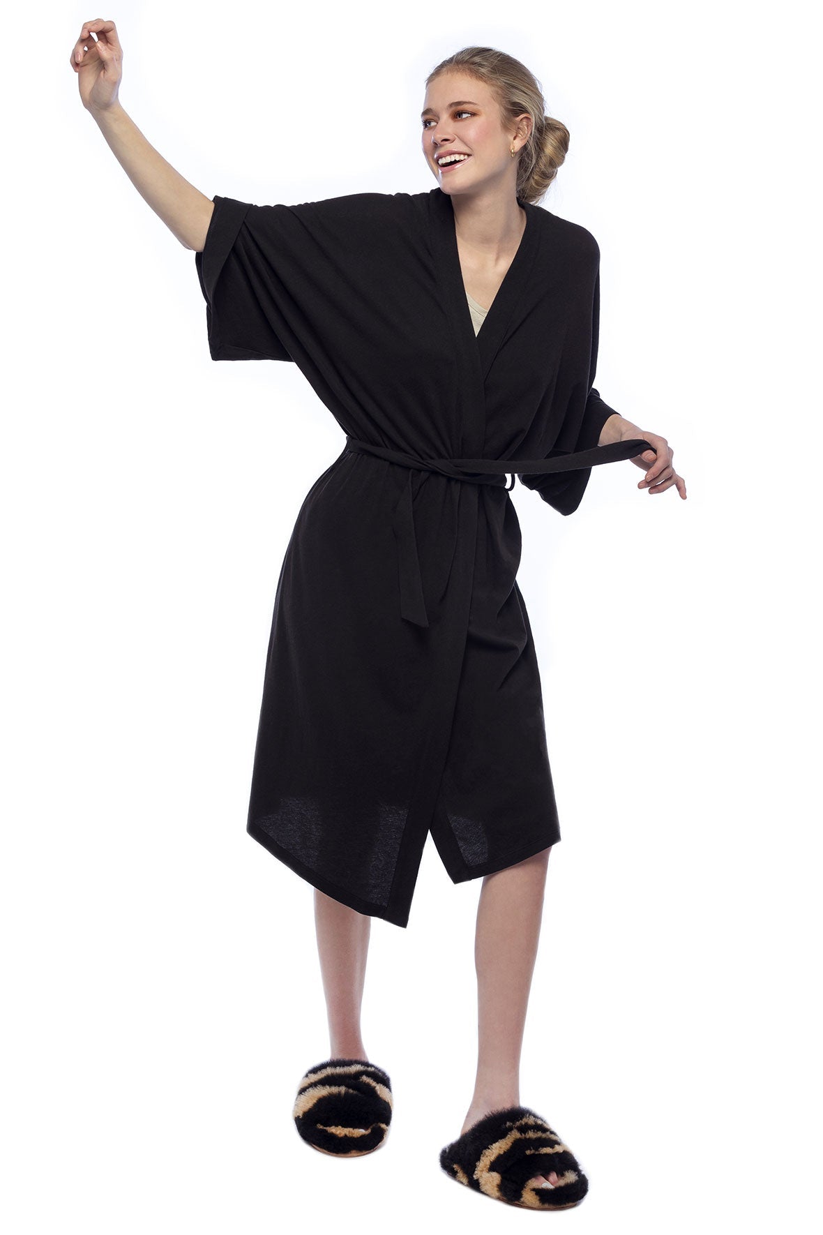 Black Kimono Wrap with belted waist tie. Mercerised Peruvian pima cotton Extra soft lightweight jersey fabric. Kimono sleeves