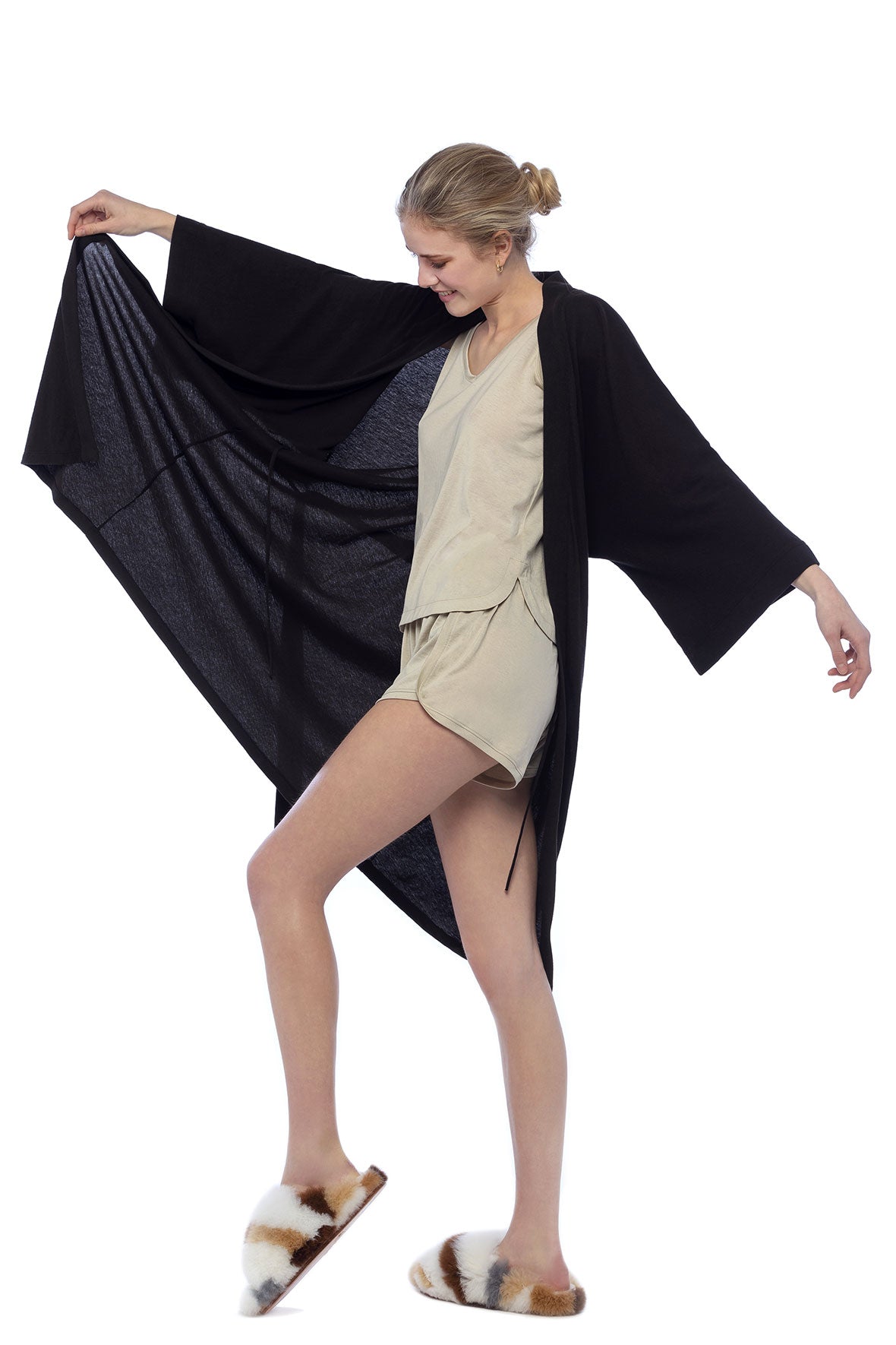 Black Kimono Wrap with belted waist tie. Mercerised Peruvian pima cotton Extra soft lightweight jersey fabric. Kimono sleeves