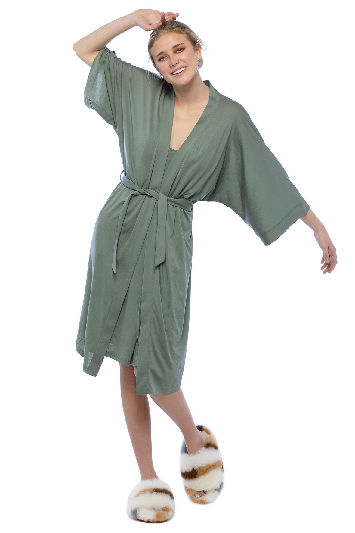 Vert green Kimono Wrap with belted waist tie. Peruvian pima cotton. Extra soft lightweight jersey fabric. Kimono sleeves.