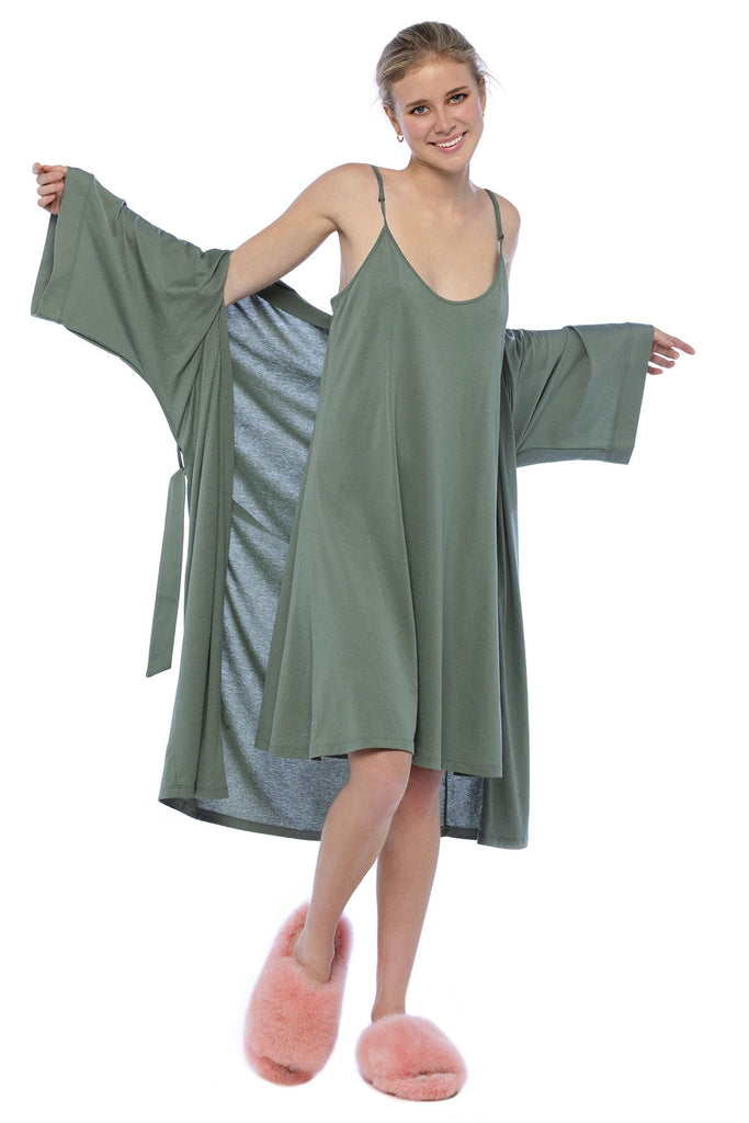 Vert green Kimono Wrap with belted waist tie. Peruvian pima cotton. Extra soft lightweight jersey fabric. Kimono sleeves.