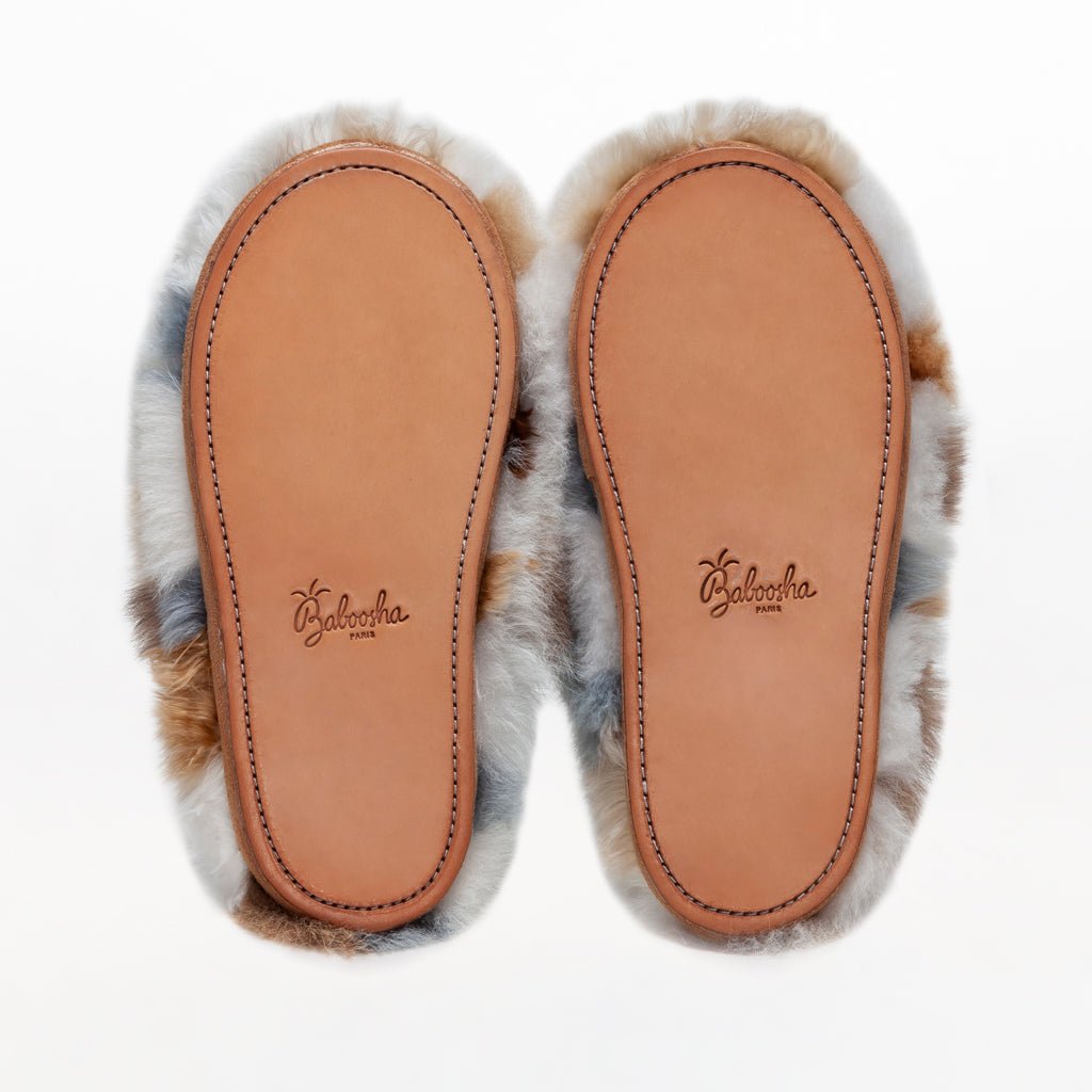 Marble Platform. Ethical Alpaca fur luxury slippers. Leather soles. Sheepskin interior. Made in Peru. Animal cruelty free.