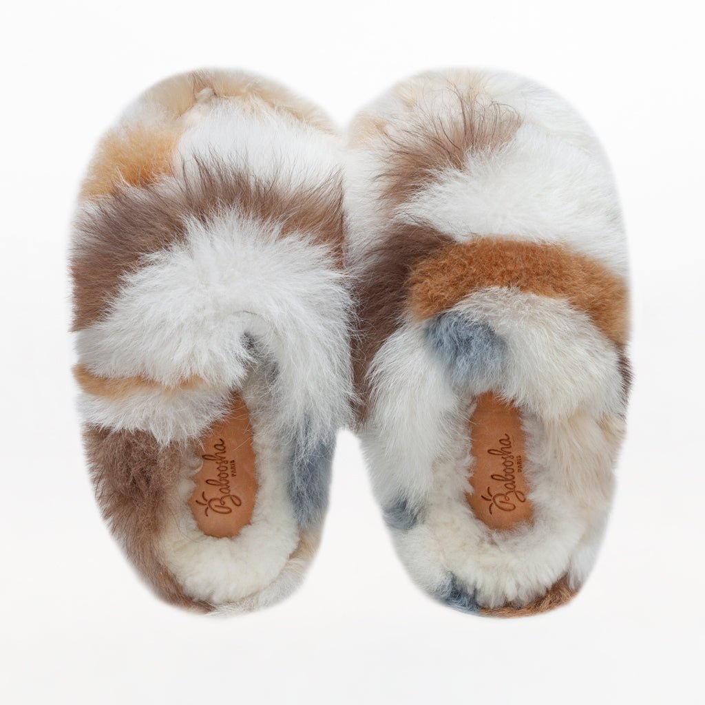 Marble Platform. Ethical Alpaca fur luxury slippers. Leather soles. Sheepskin interior. Made in Peru. Animal cruelty free.