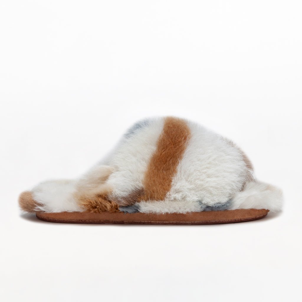 Marble Platform. Ethical Alpaca fur luxury slippers. Leather soles. Sheepskin interior. Made in Peru. Animal cruelty free.