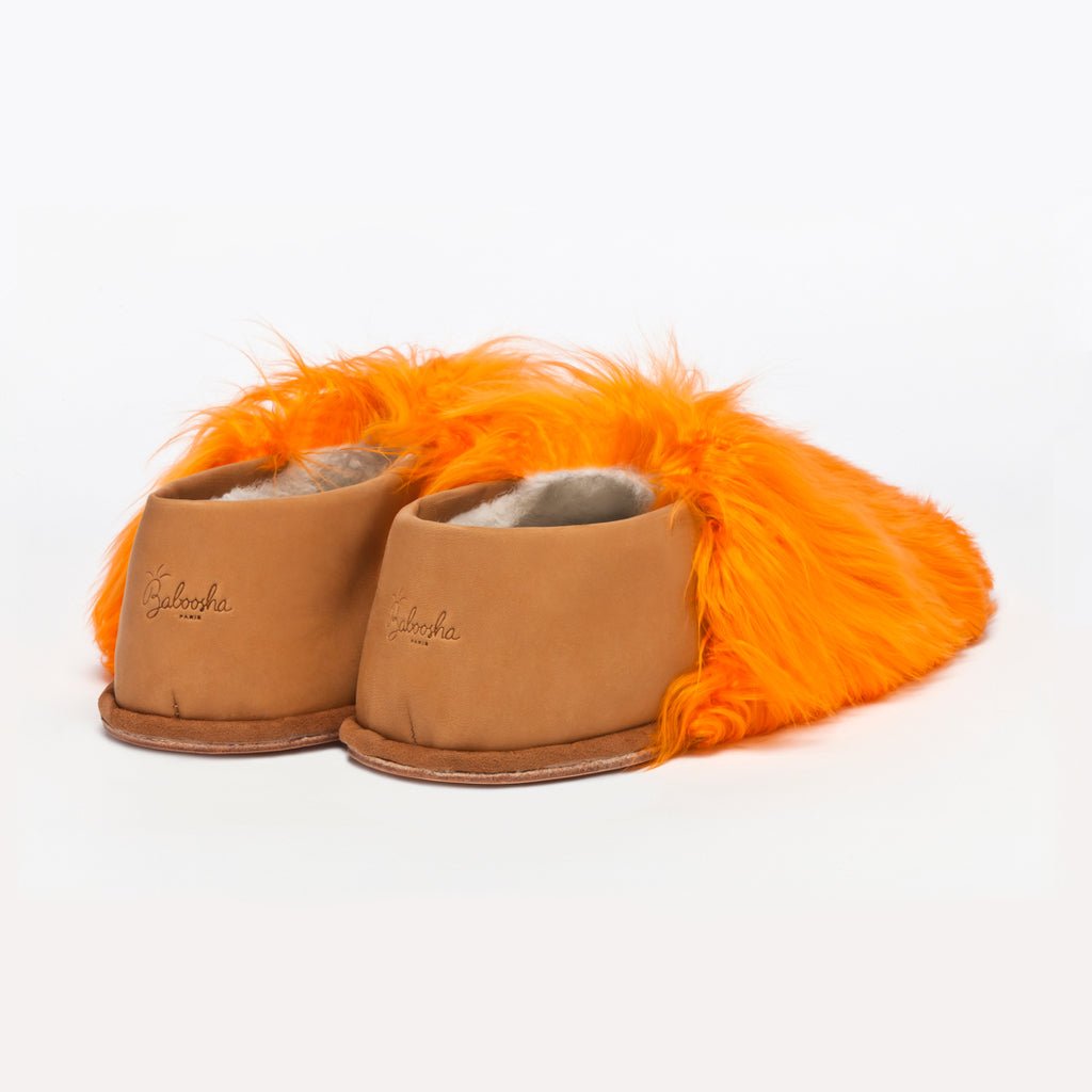 Marigold Express Orange Ethical Alpaca fur luxury slippers. Leather soles Sheepskin interior Made in Peru Animal cruelty free