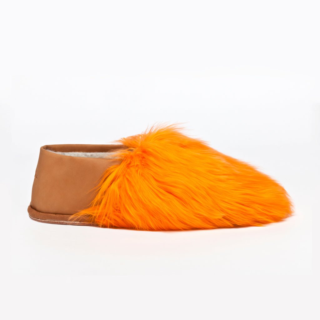 Marigold Express Orange Ethical Alpaca fur luxury slippers. Leather soles Sheepskin interior Made in Peru Animal cruelty free