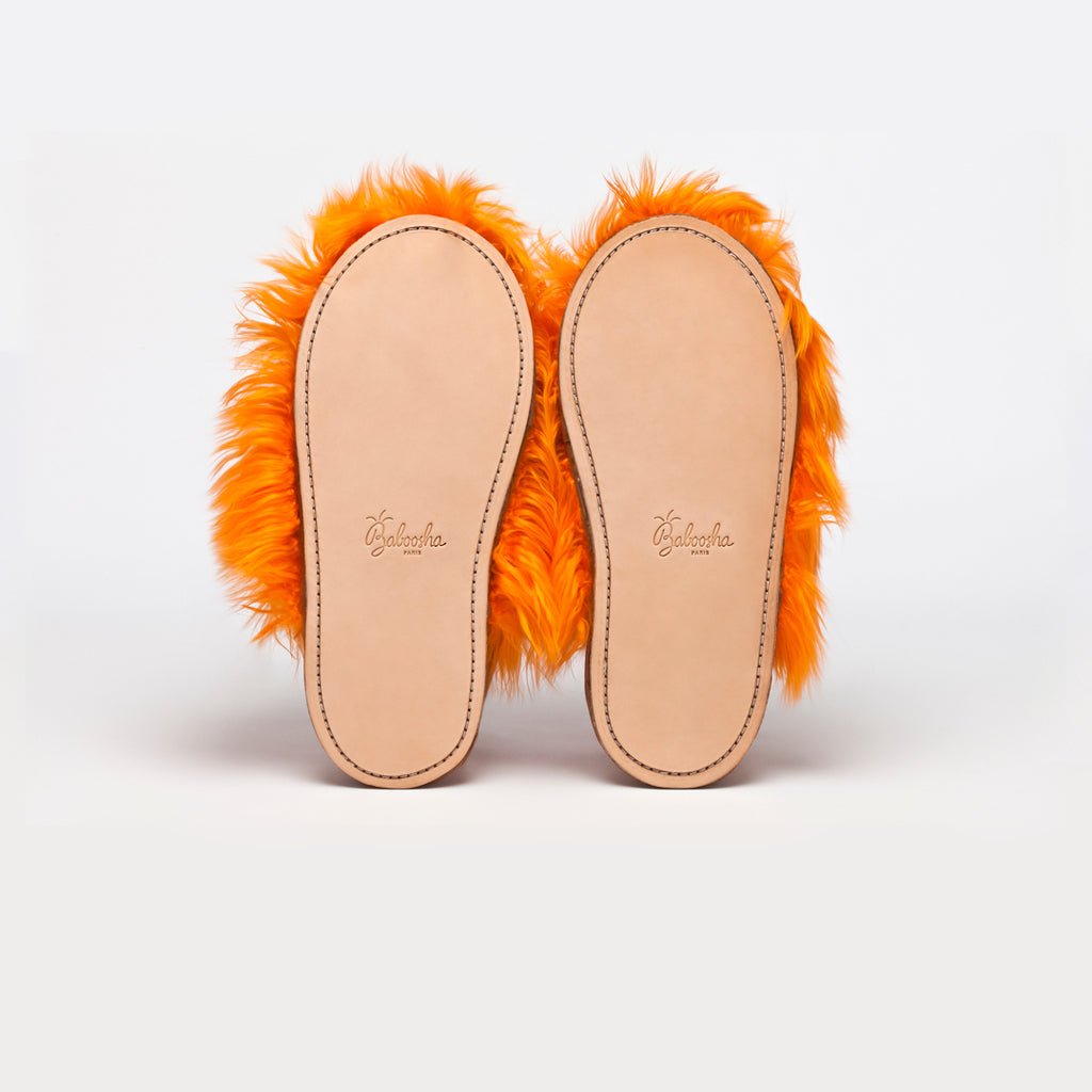 Marigold Express Orange Ethical Alpaca fur luxury slippers. Leather soles Sheepskin interior Made in Peru Animal cruelty free
