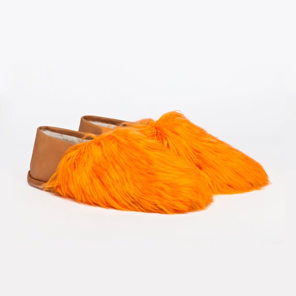 Marigold Express Orange Ethical Alpaca fur luxury slippers. Leather soles Sheepskin interior Made in Peru Animal cruelty free