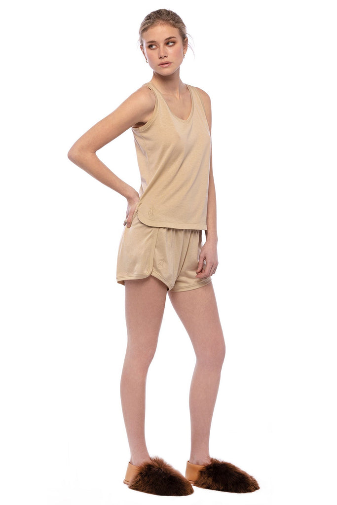Nude beige pajama shorts elastic waistband. Mercerised Peruvian pima cotton. Soft and lightweight jersey fabric. Loungewear.
