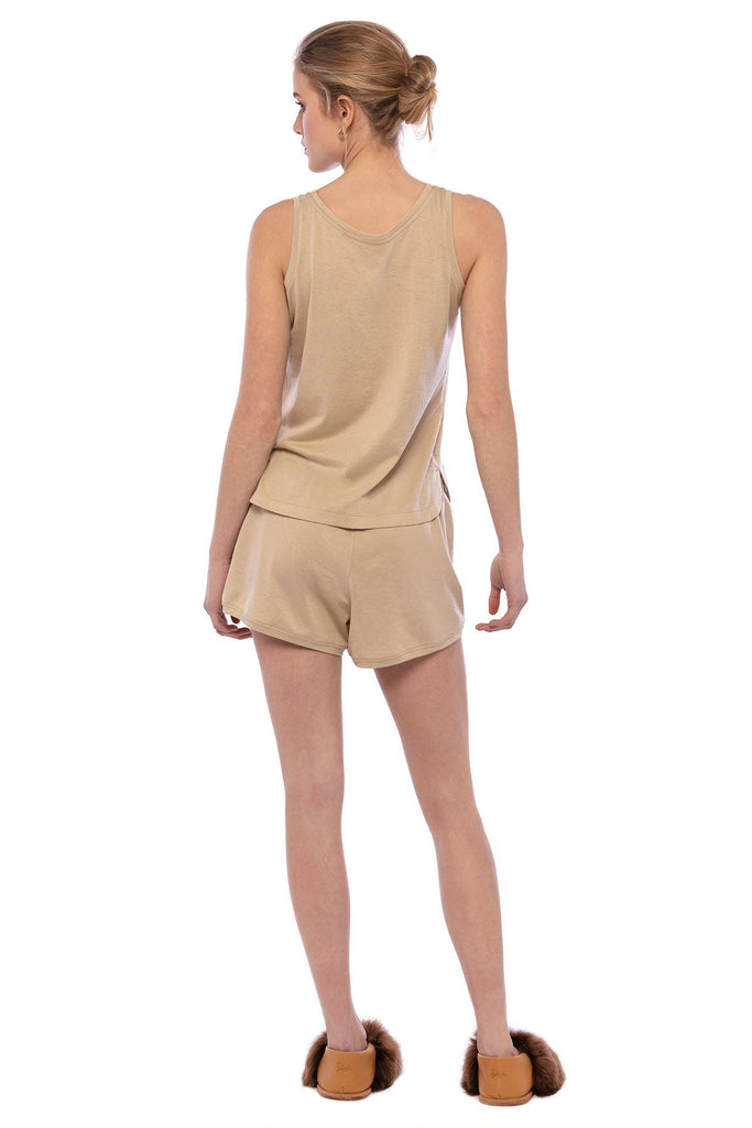 Nude beige pajama shorts elastic waistband. Mercerised Peruvian pima cotton. Soft and lightweight jersey fabric. Loungewear.
