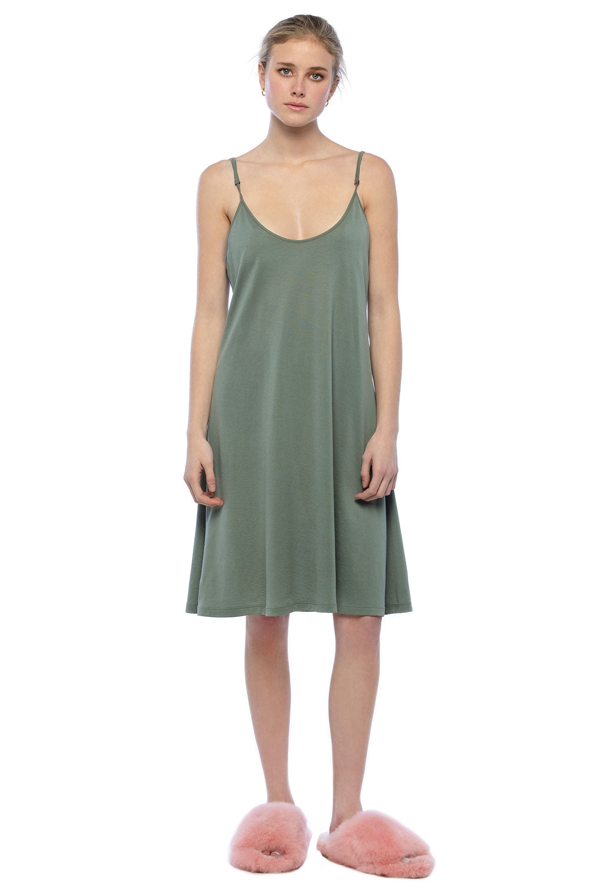 Vert green Slip Nightgown. Peruvian pima cotton. Lightweight jersey. Supportive bralette underband Adjustable shoulder straps