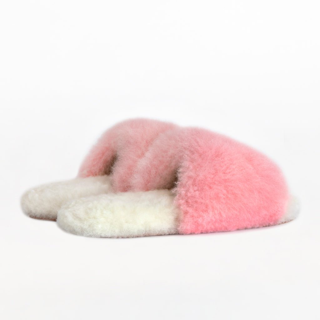 Pink Sliders. Ethical Alpaca fur luxury slippers. Leather soles. Sheepskin interior. Made in Peru. Animal cruelty free fur.