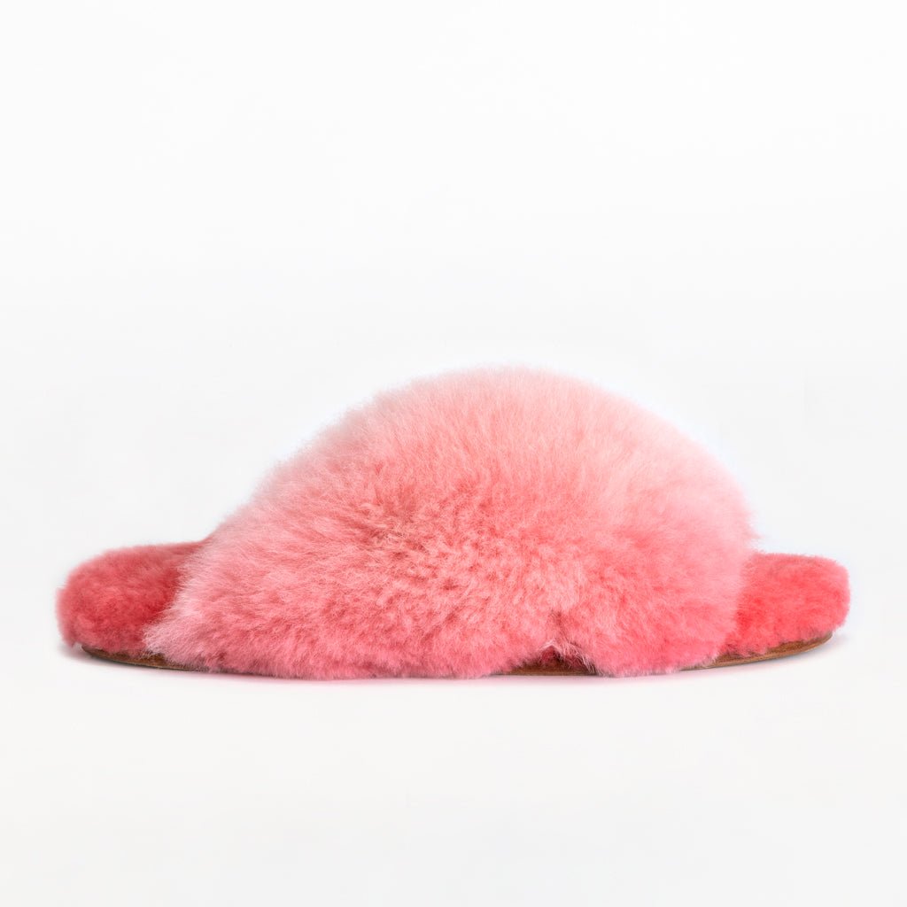 Pink X Sliders. Ethical Alpaca fur luxury slippers. Leather soles. Sheepskin interior. Made in Peru. Animal cruelty free fur.
