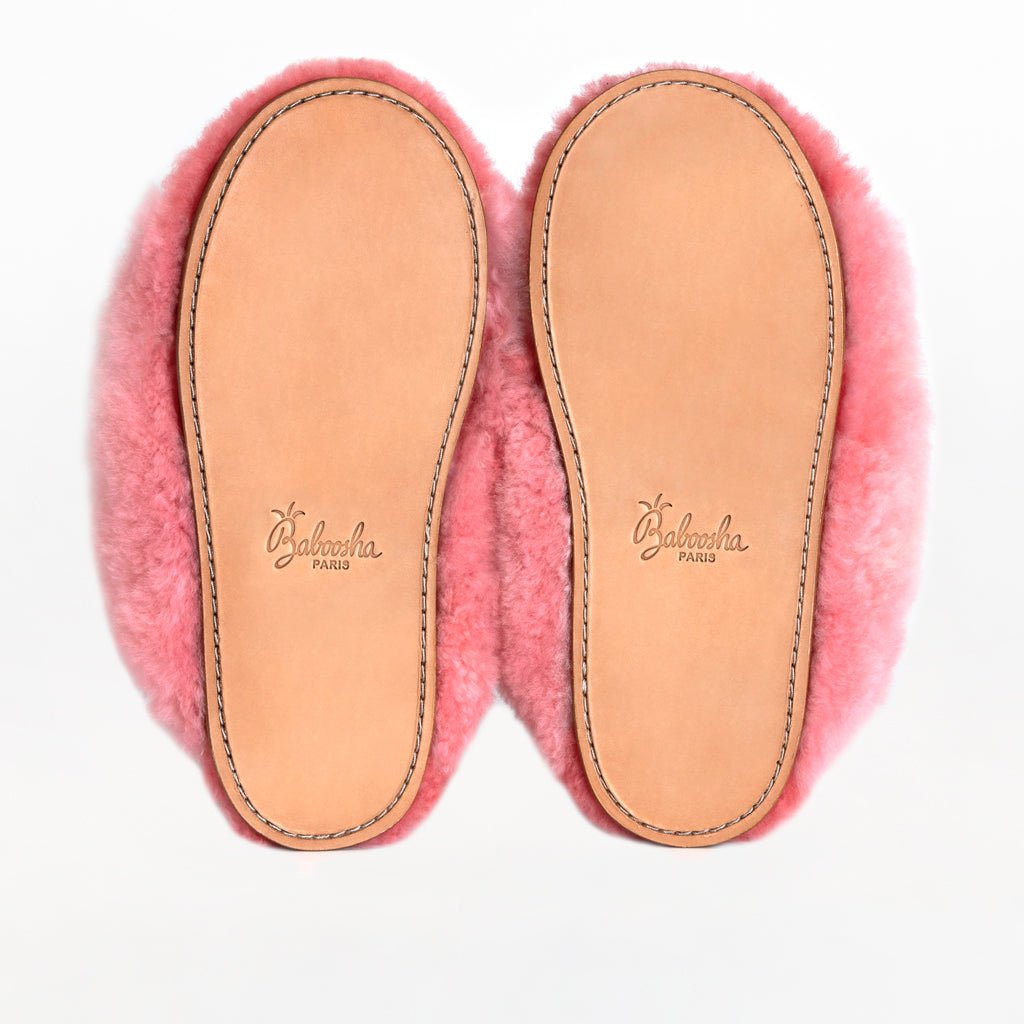 Pink X Sliders. Ethical Alpaca fur luxury slippers. Leather soles. Sheepskin interior. Made in Peru. Animal cruelty free fur.