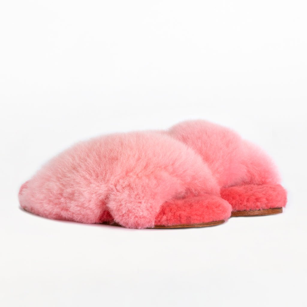 Pink X Sliders. Ethical Alpaca fur luxury slippers. Leather soles. Sheepskin interior. Made in Peru. Animal cruelty free fur.