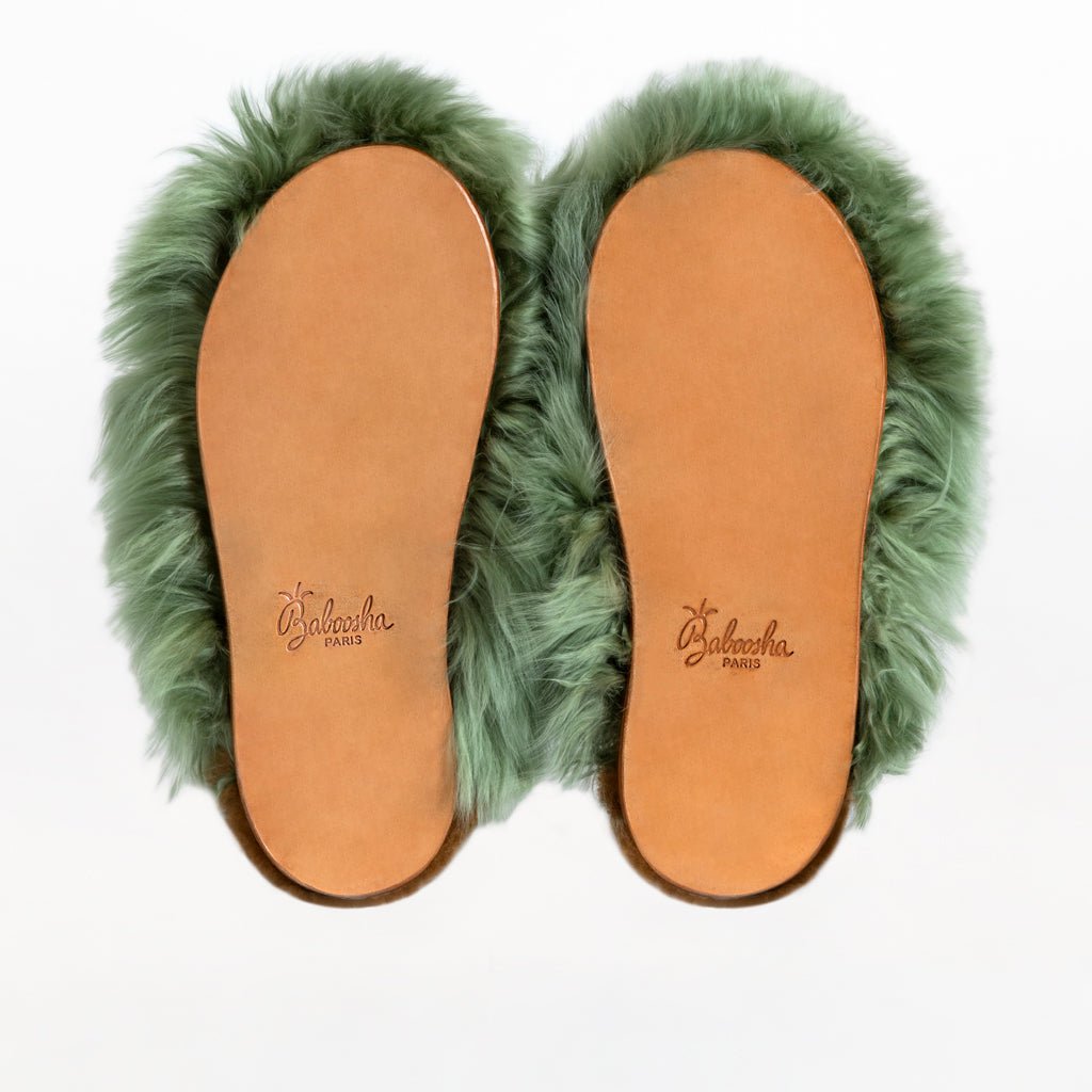 Pistachio Mule. Ethical Alpaca fur luxury slippers. Leather soles. Sheepskin interior. Made in Peru. Animal cruelty free fur.