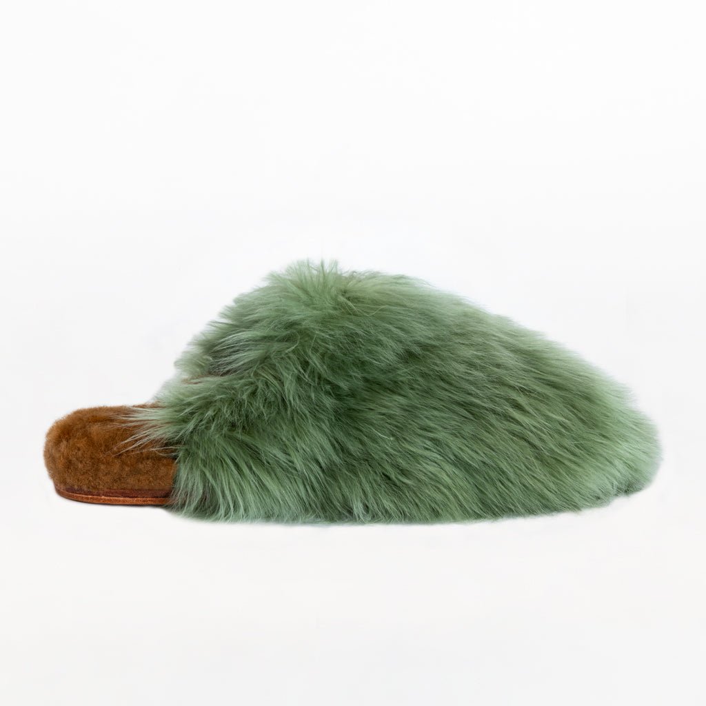 Pistachio Mule. Ethical Alpaca fur luxury slippers. Leather soles. Sheepskin interior. Made in Peru. Animal cruelty free fur.