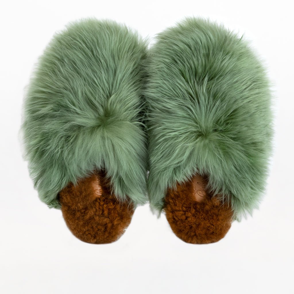 Pistachio Mule. Ethical Alpaca fur luxury slippers. Leather soles. Sheepskin interior. Made in Peru. Animal cruelty free fur.