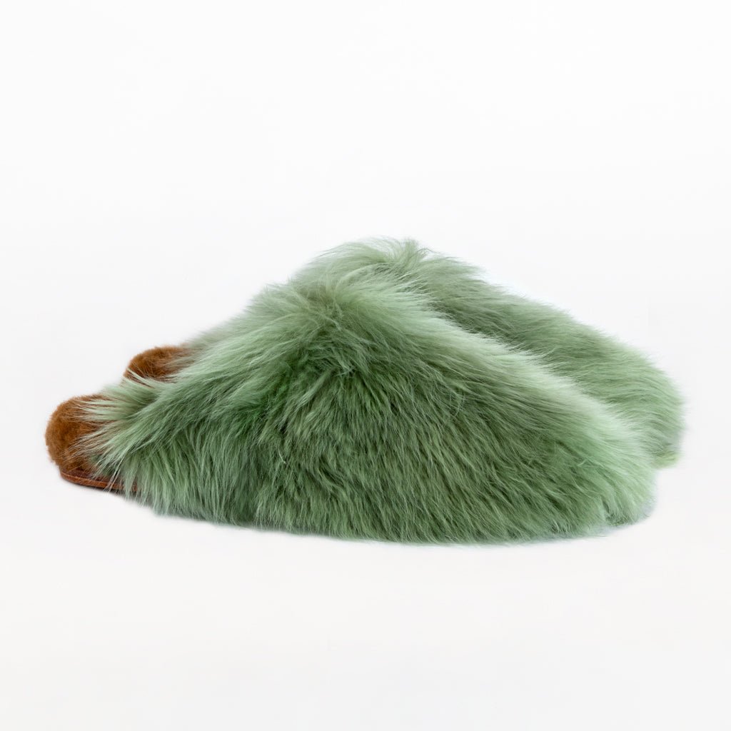 Pistachio Mule. Ethical Alpaca fur luxury slippers. Leather soles. Sheepskin interior. Made in Peru. Animal cruelty free fur.