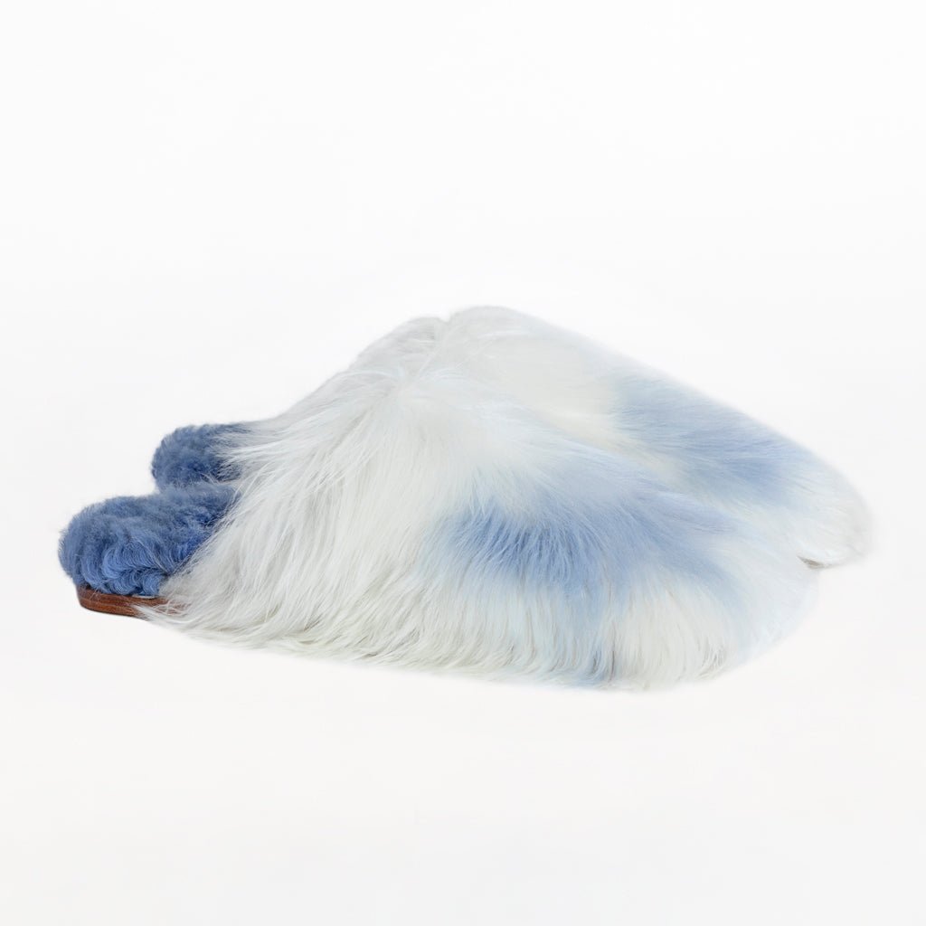 Powder Sky Mule. Ethical Alpaca fur luxury slippers. Leather soles. Sheepskin interior. Made in Peru. Animal cruelty free fur