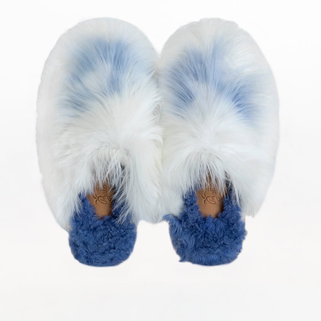 Powder Sky Mule. Ethical Alpaca fur luxury slippers. Leather soles. Sheepskin interior. Made in Peru. Animal cruelty free fur