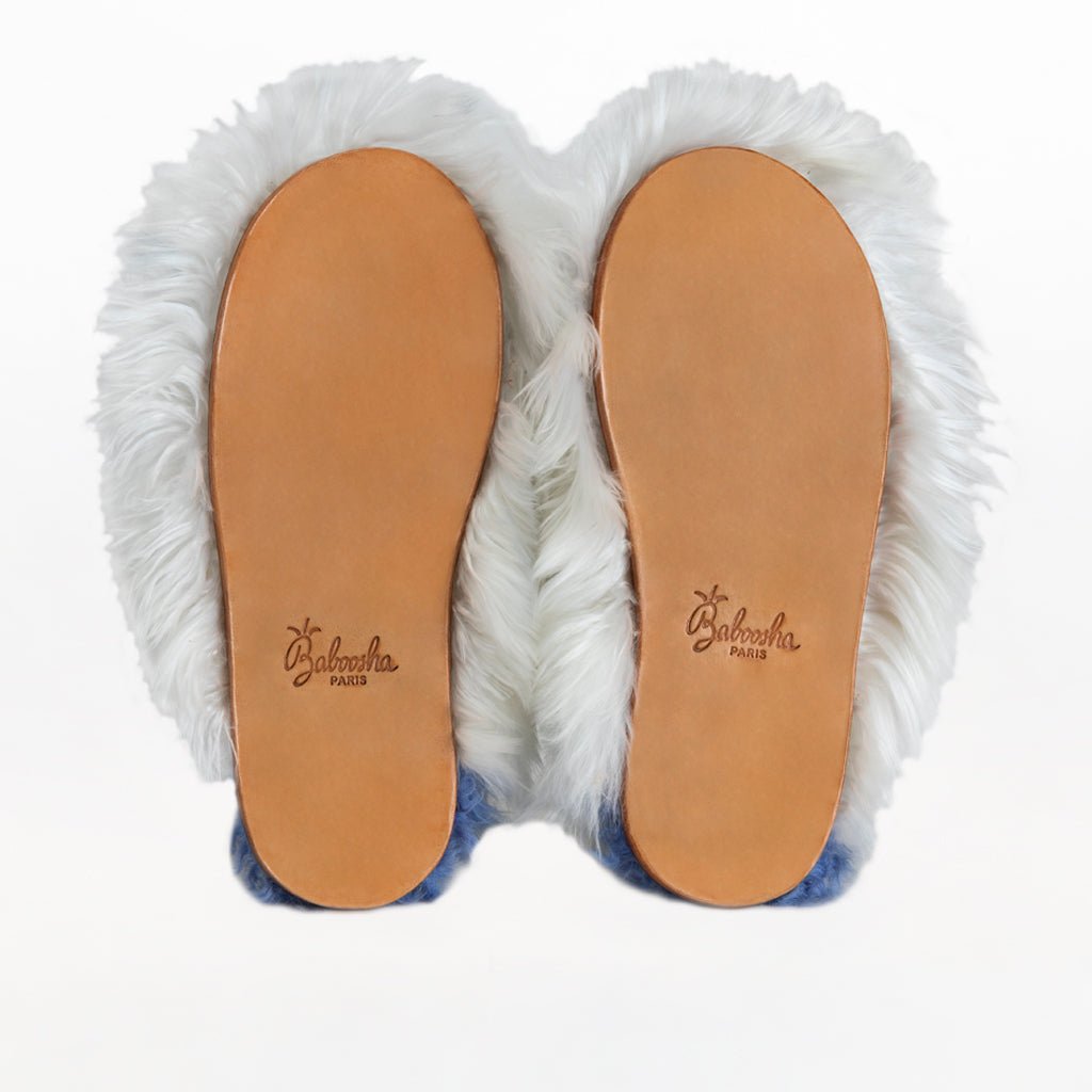 Powder Sky Mule. Ethical Alpaca fur luxury slippers. Leather soles. Sheepskin interior. Made in Peru. Animal cruelty free fur