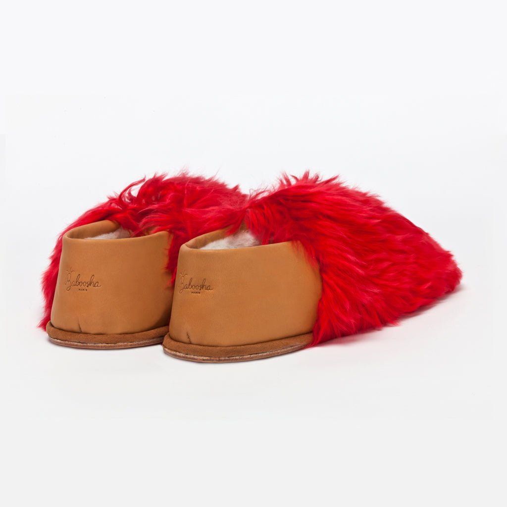 Scarlet Express Red. Ethical Alpaca fur luxury slippers. Leather soles. Sheepskin interior. Made in Peru. Animal cruelty free