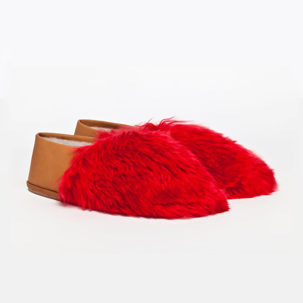 Scarlet Express Red. Ethical Alpaca fur luxury slippers. Leather soles. Sheepskin interior. Made in Peru. Animal cruelty free
