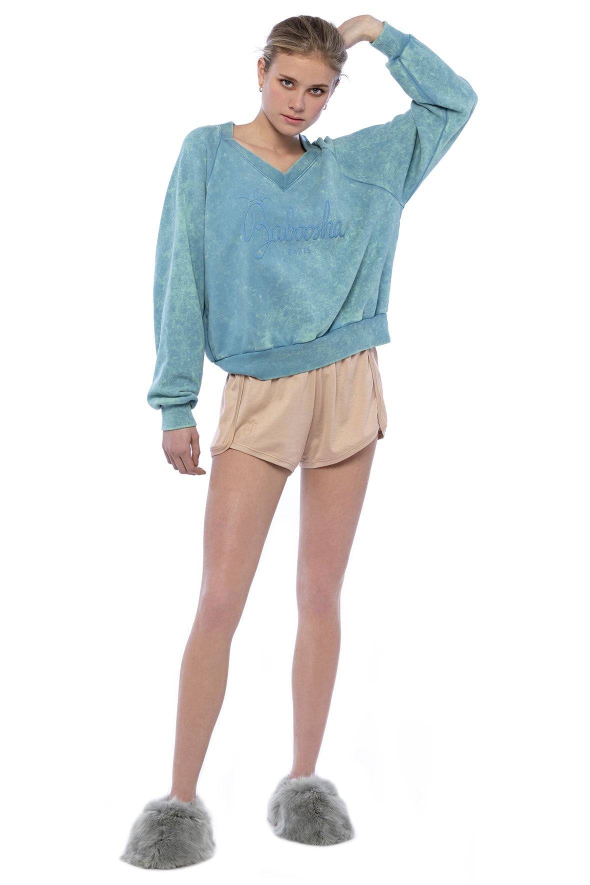 Oversized V Neck Sweatshirt ocean blue, Peruvian pima cotton. French terry. Baboosha Paris loungewear apparel. Made in Peru.