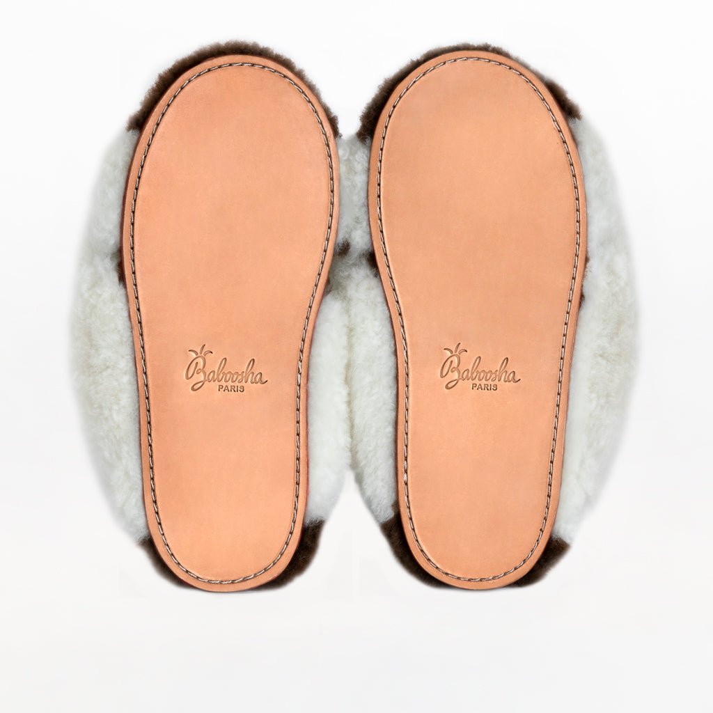 White X Sliders. Ethical Alpaca fur luxury slippers. Leather soles. Sheepskin interior. Made in Peru. Animal cruelty free fur