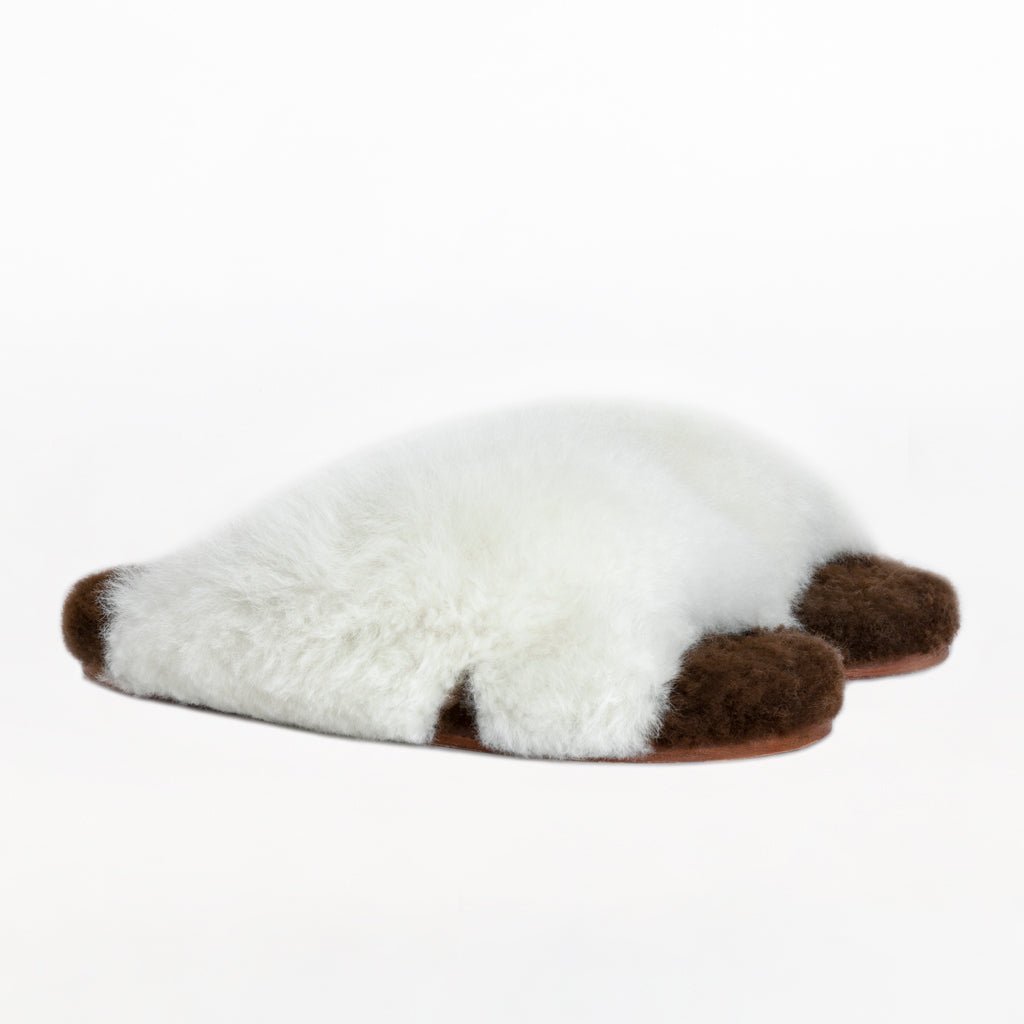 White X Sliders. Ethical Alpaca fur luxury slippers. Leather soles. Sheepskin interior. Made in Peru. Animal cruelty free fur