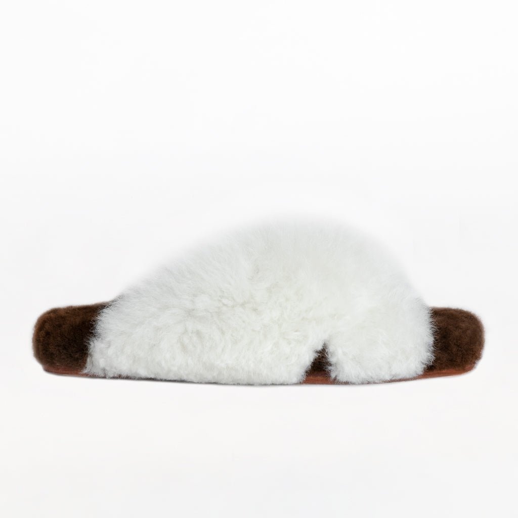 White X Sliders. Ethical Alpaca fur luxury slippers. Leather soles. Sheepskin interior. Made in Peru. Animal cruelty free fur