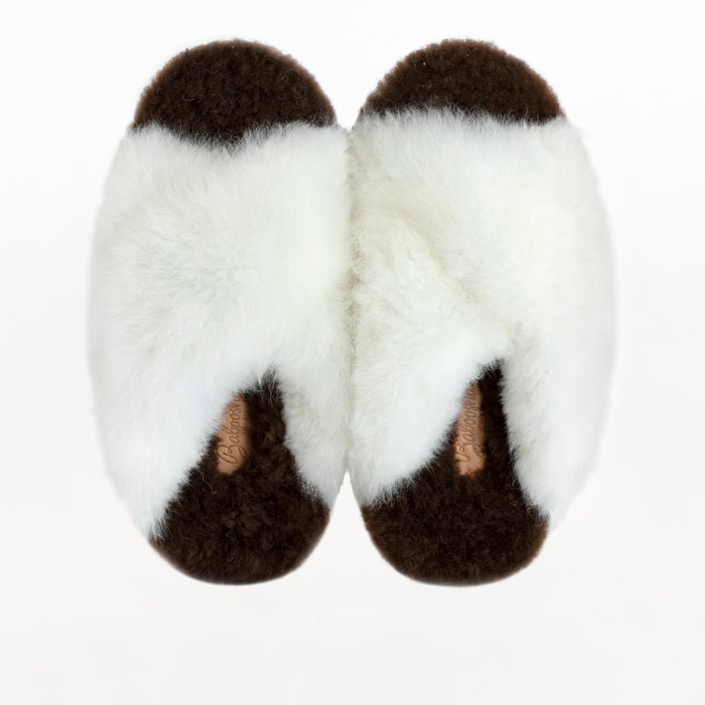 White X Sliders. Ethical Alpaca fur luxury slippers. Leather soles. Sheepskin interior. Made in Peru. Animal cruelty free fur